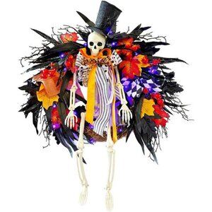 New 28 Inch Halloween Skeleton Wreath for Front Door with Lights, Lighted Gothic